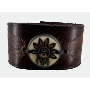 Tooled Leather Cuff Bracelet Sun Face Feather Embossed Adjustable Snap Closure‎